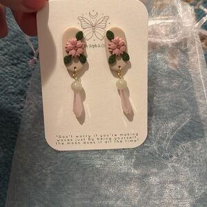 New pink clay dangle bead earrings flower floral